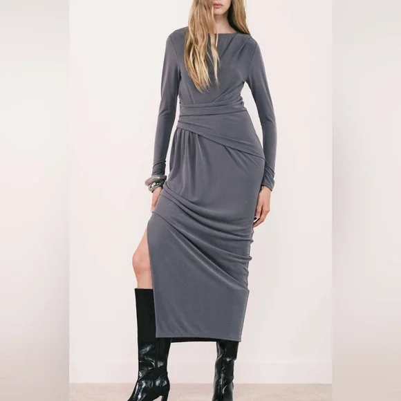 ADOS DESIGN- gray ruched side split midi dress - Picture 1 of 5